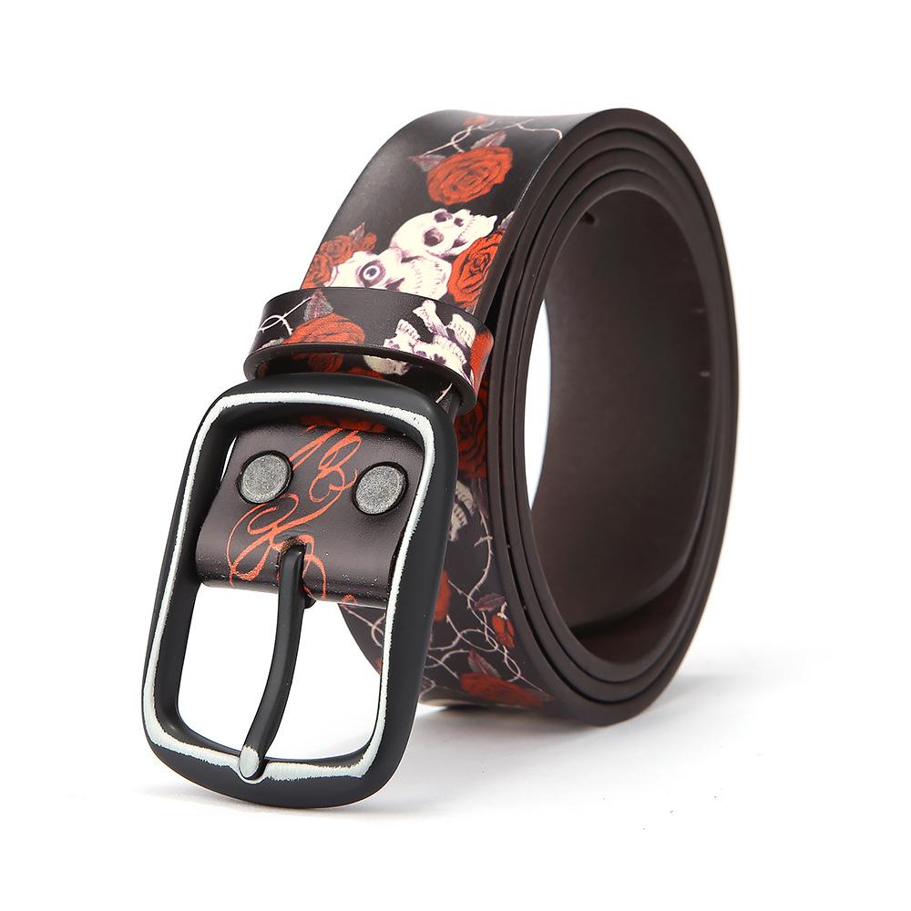 Printed Graffiti Leather Belt, Rose Skull Design, Personalized Male and Female Cowhide Leather Belt