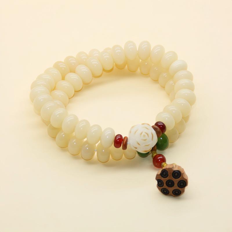 Natural White & Creamy Yellow Jade Bodhi Root Double-Strand Bracelet - New Chinese Design for Women