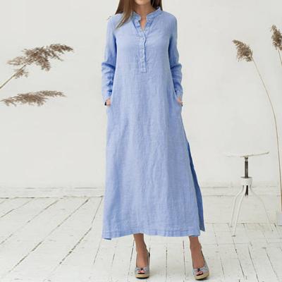 Vestido Largo Casual Holgado Vintage Mujer Talla Grande Cuello Mao Vestidos Casuales Femeninos Manga Larga Abotonado Tipo Camisa Para Mujeres Moda 24197