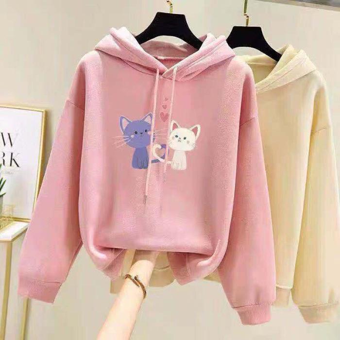 Korean Style Women's Fleece-Lined Hooded Sweatshirt, Plus Size, Loose Fit, Long-Sleeved, for Autumn and Winter.