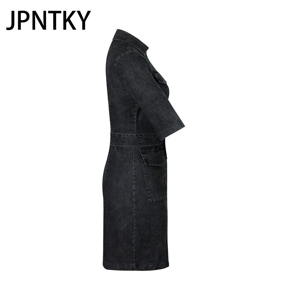 JPNTKY Women's Fashion Short Sleeve Zip Up Denim Dress Summer Spring