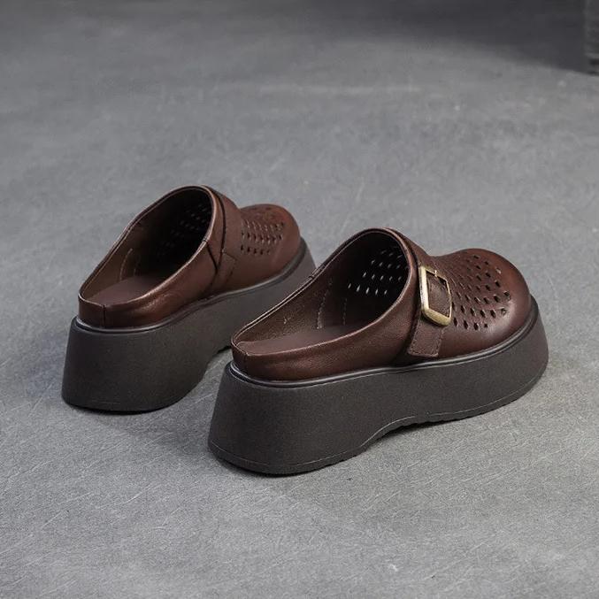 Johnature Sandales pour femmes, semelles épaisses, bout rond, ajourées, respirantes, en cuir véritable