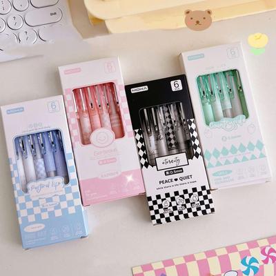 6pcs Checkerboard Gel Pens Set Only Cream Series 0.5mm Ballpoint Black Color Ink for Writing
