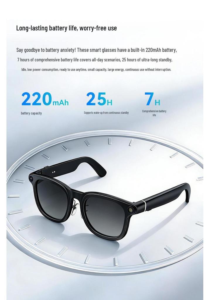 X01 HeyCyan 800W Anti-shake Smart Glasses with Bluetooth Calls, AI Voice, and Charging Case.