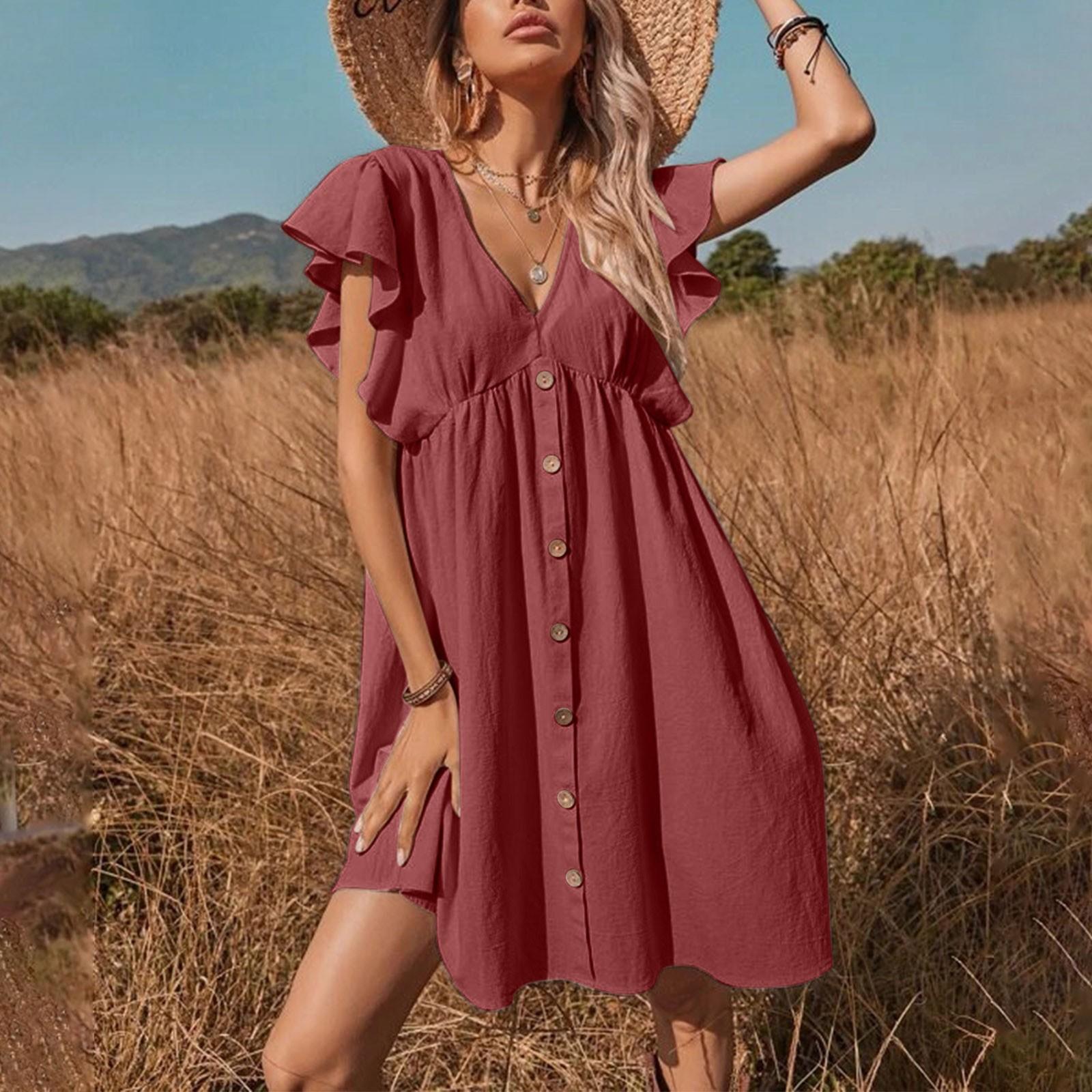 

Fashion Women s Loose V-Neck Spring Summer Ruffle Trimed Button Smock Sleeveless Vest Dress XXXL рожевий