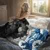 Japanese Waves Clouds Dark Flannel Blanket Perfect for Sofa Office Bed Travel Sleep Read Relax Camping Four Season Use