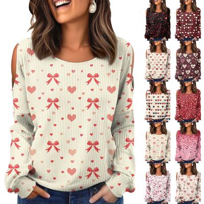 Dámské Zimní Oversized Tričko Módní Odhalující Ramena Kulatý Výstřih Vintage Květinový Potisk Svetr Dlouhý Rukáv Top