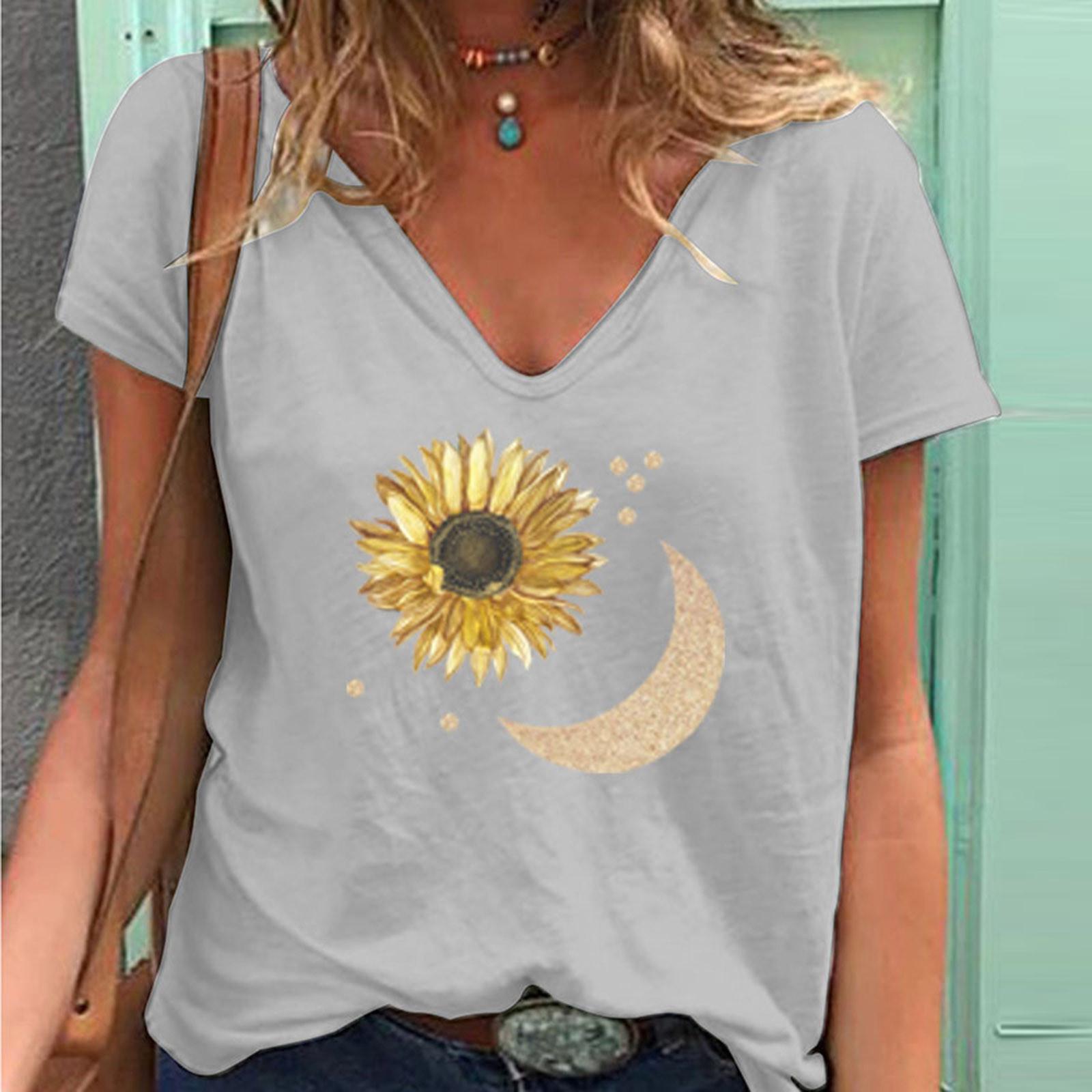

Модные весенние блузки с принтом подсолнуха, футболки с коротким рукавом и V-образным вырезом, повседневные M серый