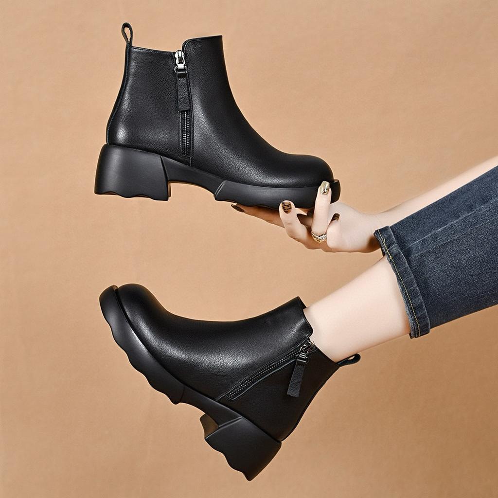 Round head short boots women's autumn and winter new straight boots double zipper women's leather boots cotton boots