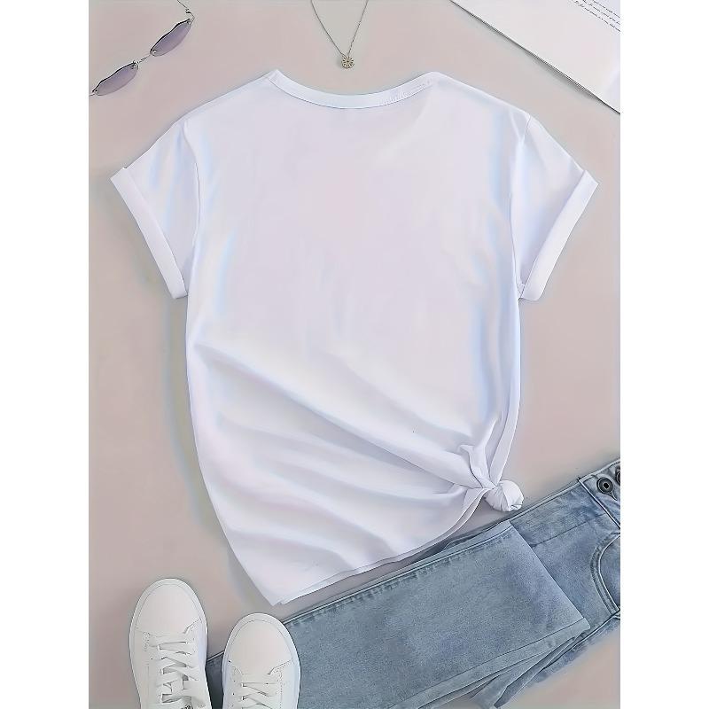 Europäische Größe Damen Freizeit-T-Shirt zum Valentinstag, Niedlicher Cartoon-Kuh- & Rosen-Druck, Kreatives LOVE-Buchstaben-Design, Gestrickte Polyester-Mischung