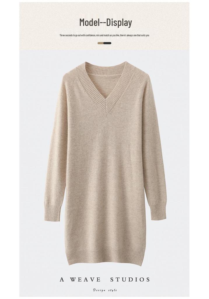 Women's V-Neck Mid-Length Cashmere Knit Dress - Loose Sheath Pullover, 100% Pure Cashmere