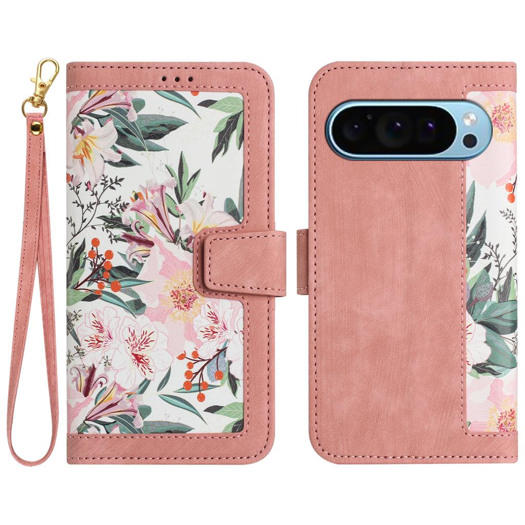 For Google Pixel 9/Pixel 9 Pro Phone Cover Flower Pattern PU Leather Case with Card Holder and Stand