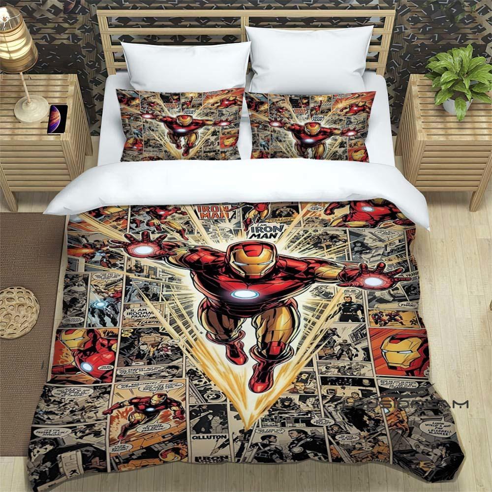 Set biancheria da letto con copripiumino e federa a tema cartone animato di Iron Man, adatto per le camere da letto di ragazzi e ragazze e come regalo per bambini.