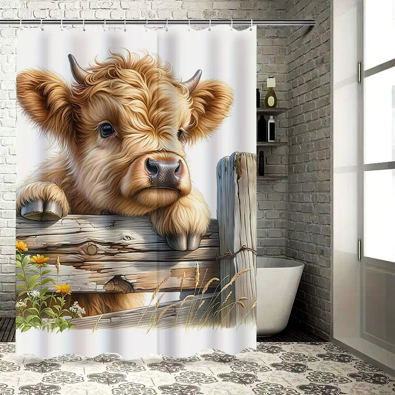 Cute Highland Cow Waterproof Shower Curtain Heat Resistant Machine Washable Non-Transparent 180x180cm