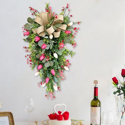 24" Tulip Teardrop Swag for Front Door Spring Artificial Teardrop Wreath with Burlap Bow for Farmhouse Kitchen Wall Mantel Decor