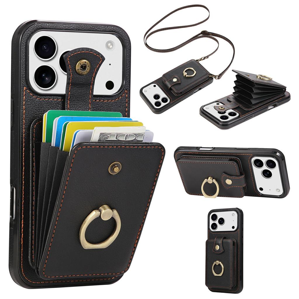 For iPhone 17 Pro Max Case Card Holder Ring Kickstand TPU+PU Leather Phone Cover with Long Strap