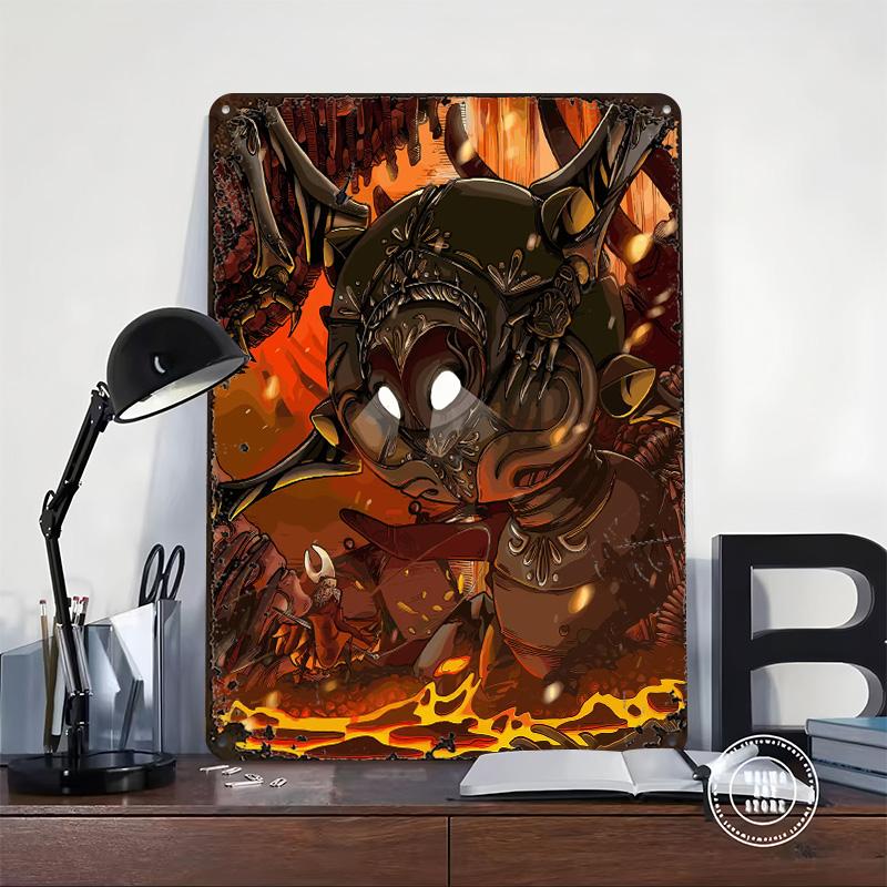 Hollow Knight Bosskampf Illustration Gedrucktes Poster Kundenspezifische Wandkunst Retro Vintage Metall Blechschilder für Zimmer Schreibtisch Dekor Zuhause