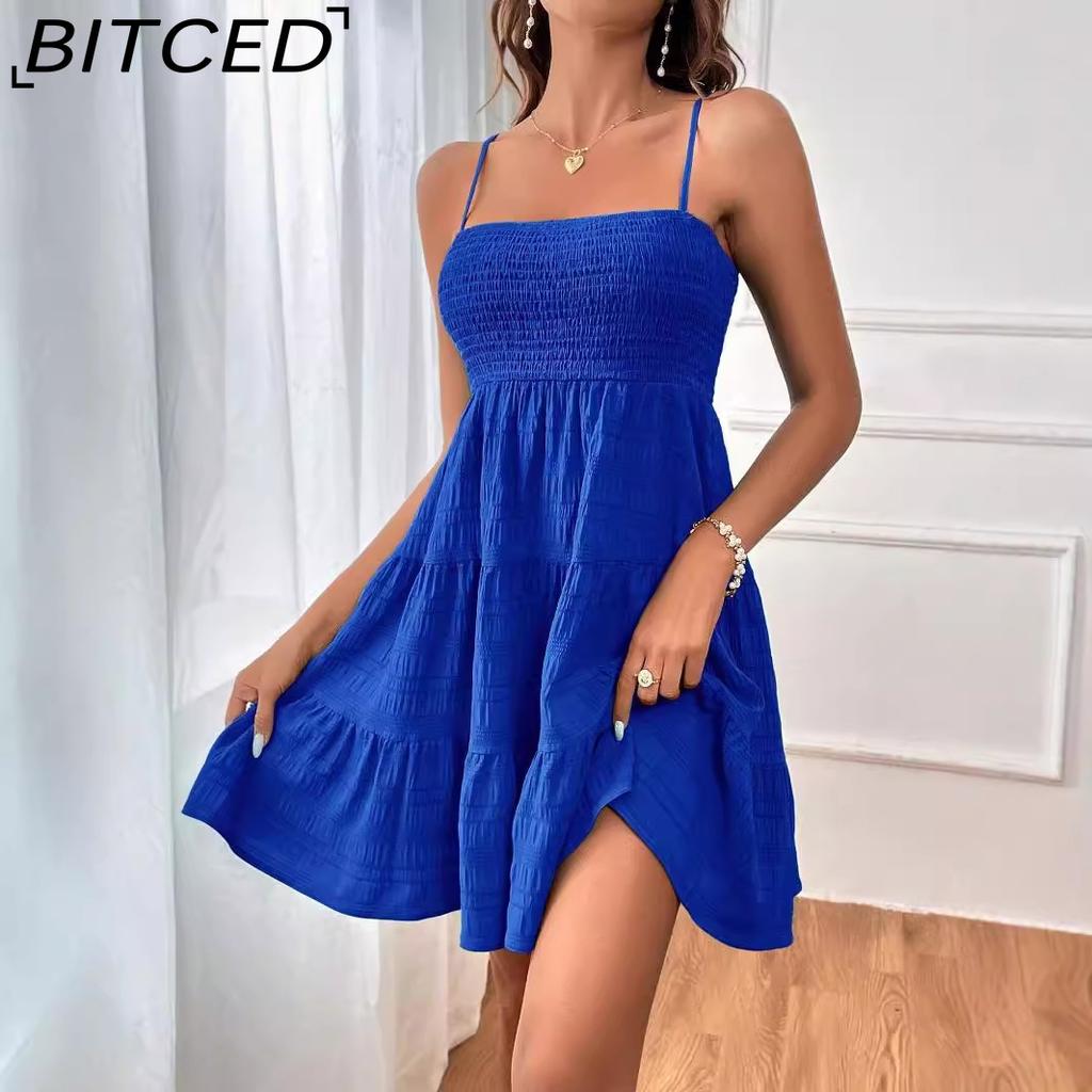 BITCED Women's Summer Off-the-Shoulder Fine-Strap Solid-Colour Textured Dress