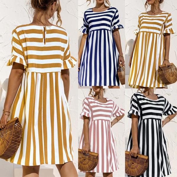 

Женщины Лето Повседневная Высокая талия Круглая шея Свободная пляжная одежда Элегантный оборки Рукав Полосатый принт Линия Платье Короткая Симпатичная Вечеринка Платье Плюс Размер S-5X