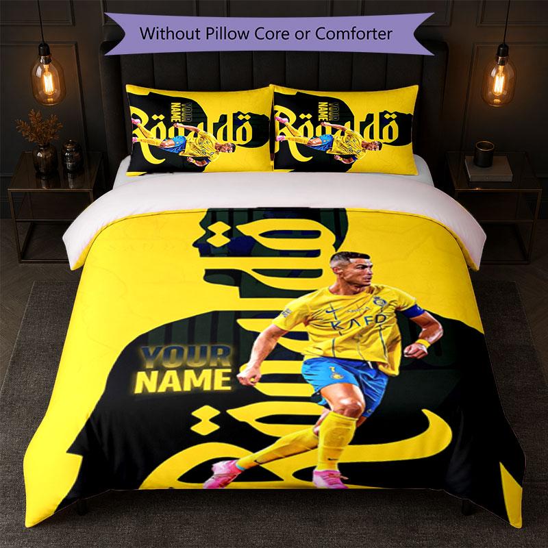 Set Biancheria da Letto Personalizzato Cristiano Ronaldo con Nome Testo 1 Copripiumino+2 Federe Logo Calcio Regalo Personalizzato per Occasione Speciale Arredamento Camera da Letto