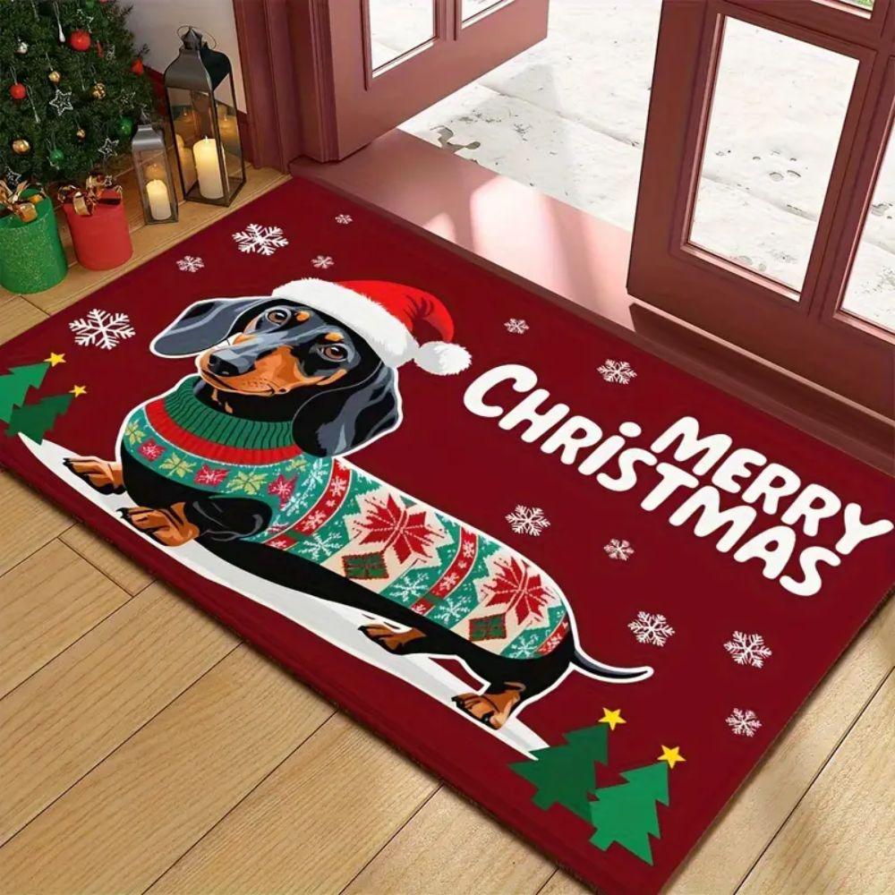 VIKAMA Christmas Dachshund Rug Bedroom & Kitchen Non-Slip Mat Front Door Entry Welcome Doormat Holiday Home Decor