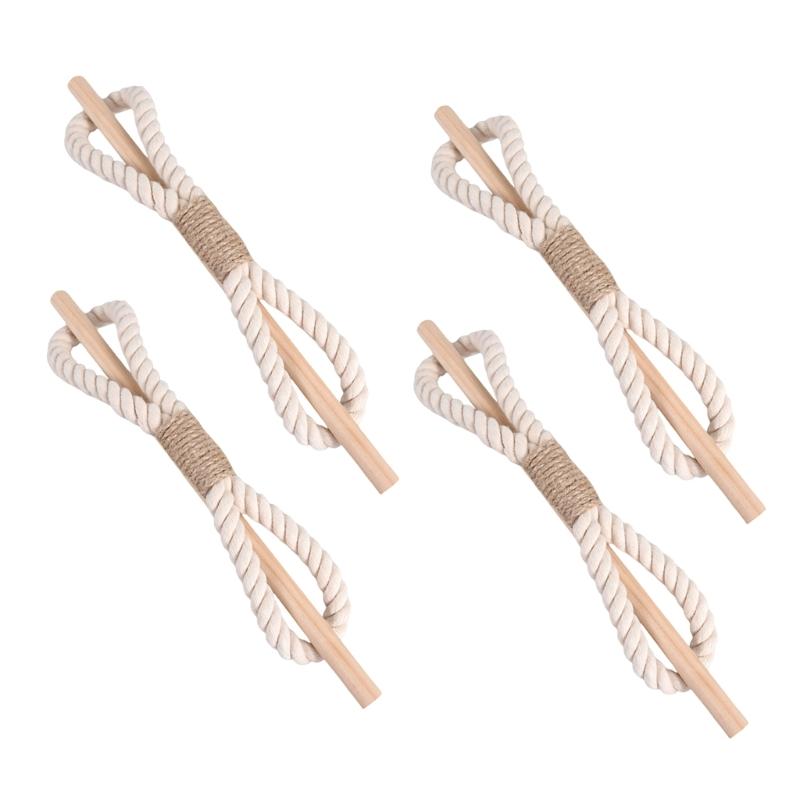4 Pack Wood Stick and Braided Cotton Linen Rope Curtain Ties for Living Room Bedroom Window Drape Tiebacks Holdbacks