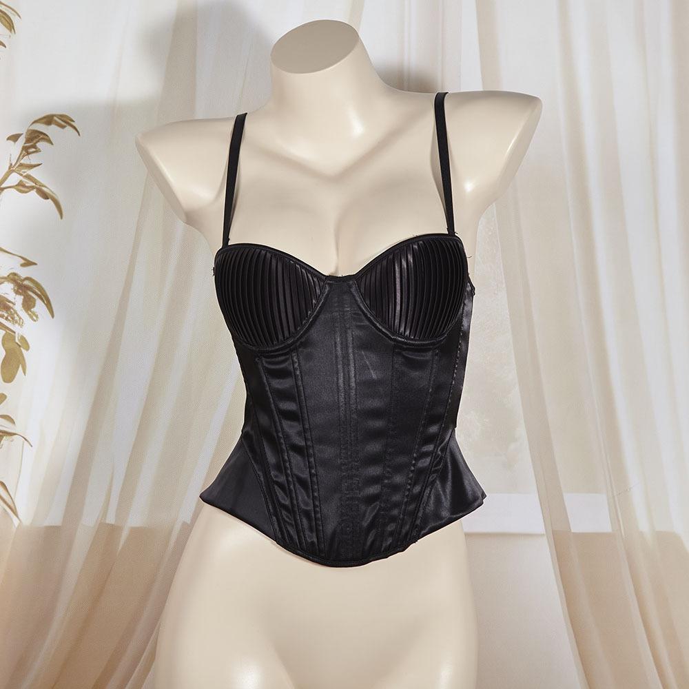 Damski satynowy gorset z fiszbinami, push-up bustier, sznurowany z tyłu, regulowane ramiączka, modelujący sylwetkę