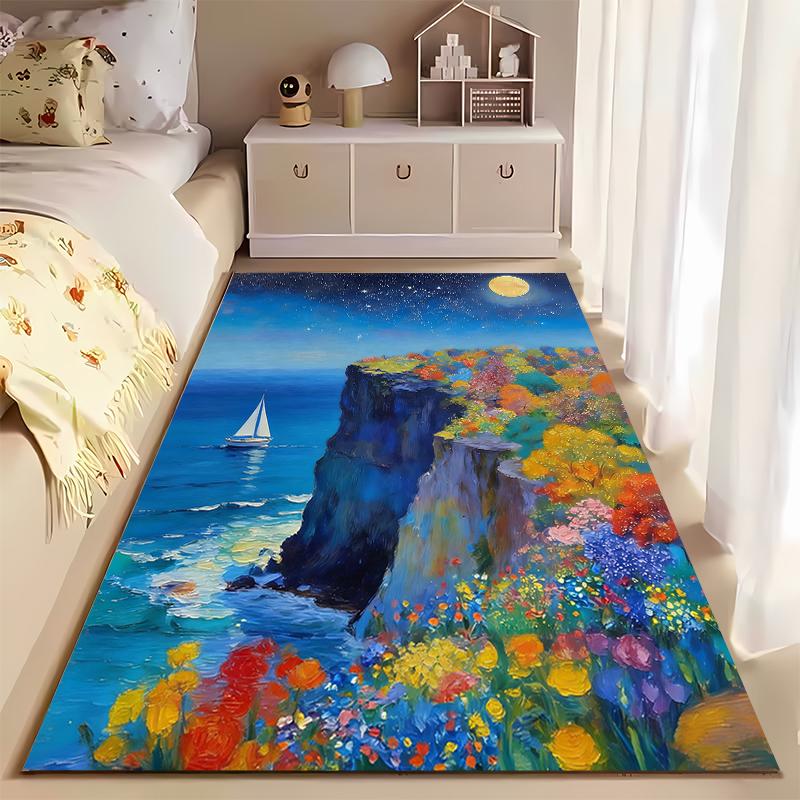 Colorful Landscape Rug with Cliff, Flowers, Sailboat, and Night Sky Suitable for Use As an Anti-slip for Living Room Bedroom Sofas