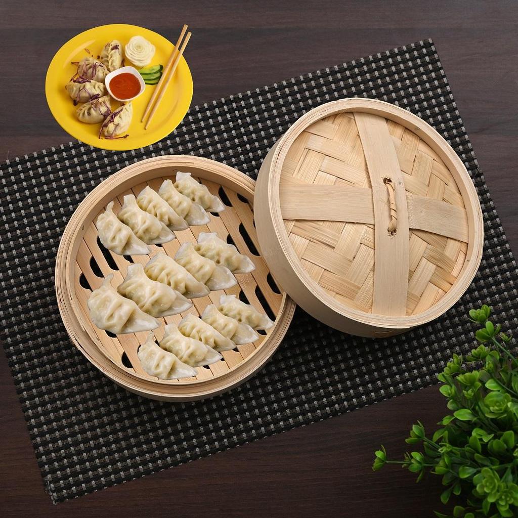 ABHAS® 8-Inch Handcrafted Bamboo Basket Steamer – Set of 2 | Multipurpose Wooden Basket for Momo, Dimsum, Vegetables & Fruits Storage