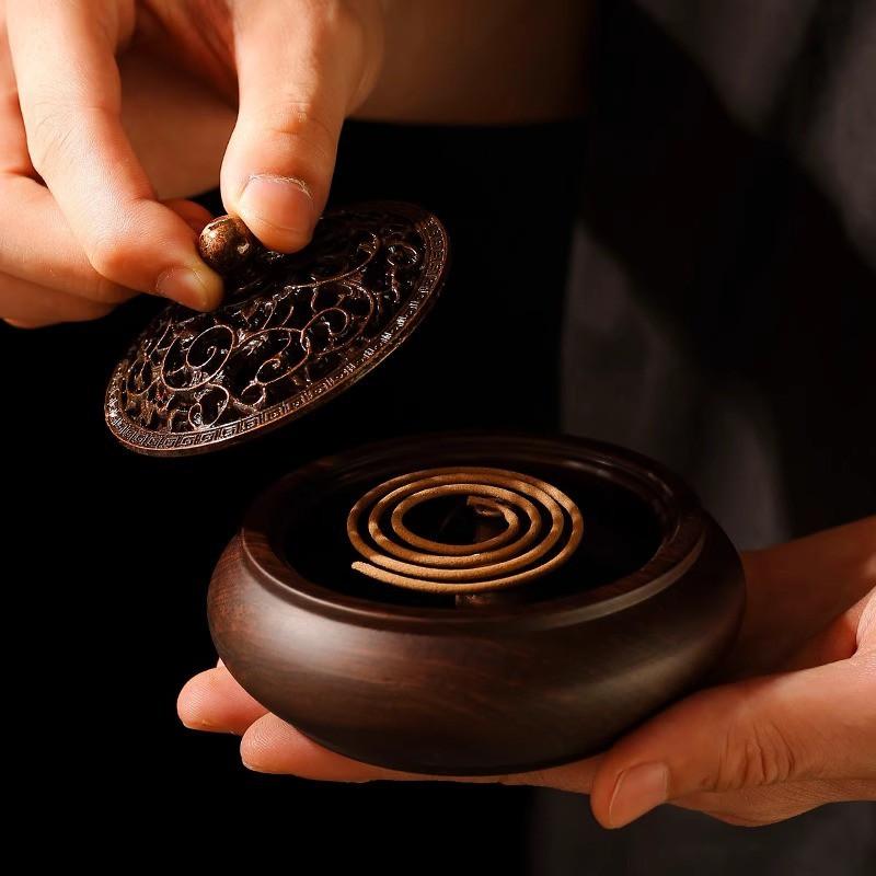 Black Ebony Wood Incense Burner Home Indoor Use Large Round Aromatic Diffuser Tea Ceremony Decor