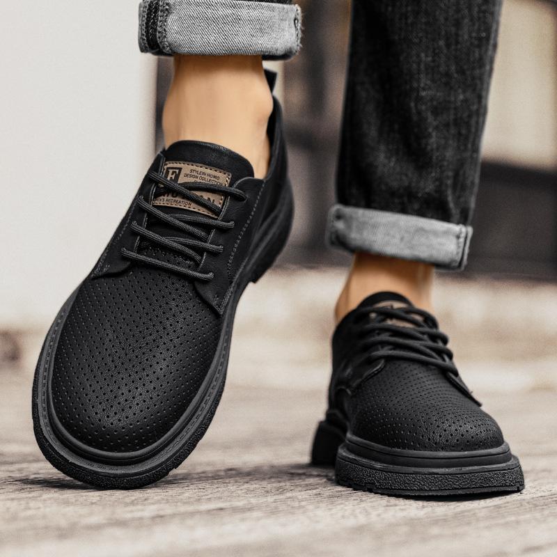 Summer New Leather Punching Breathable Casual Leather Shoes Daily Work Low-top Lace-up British Style Leather Shoes Men's Shoes