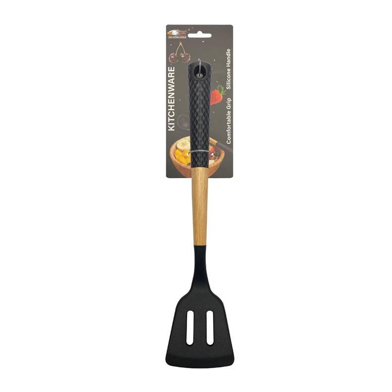 Black Wood Handle Silicone Kitchenware Set: Food-Grade Spatula, Soup Ladle & Cooking Utensils
