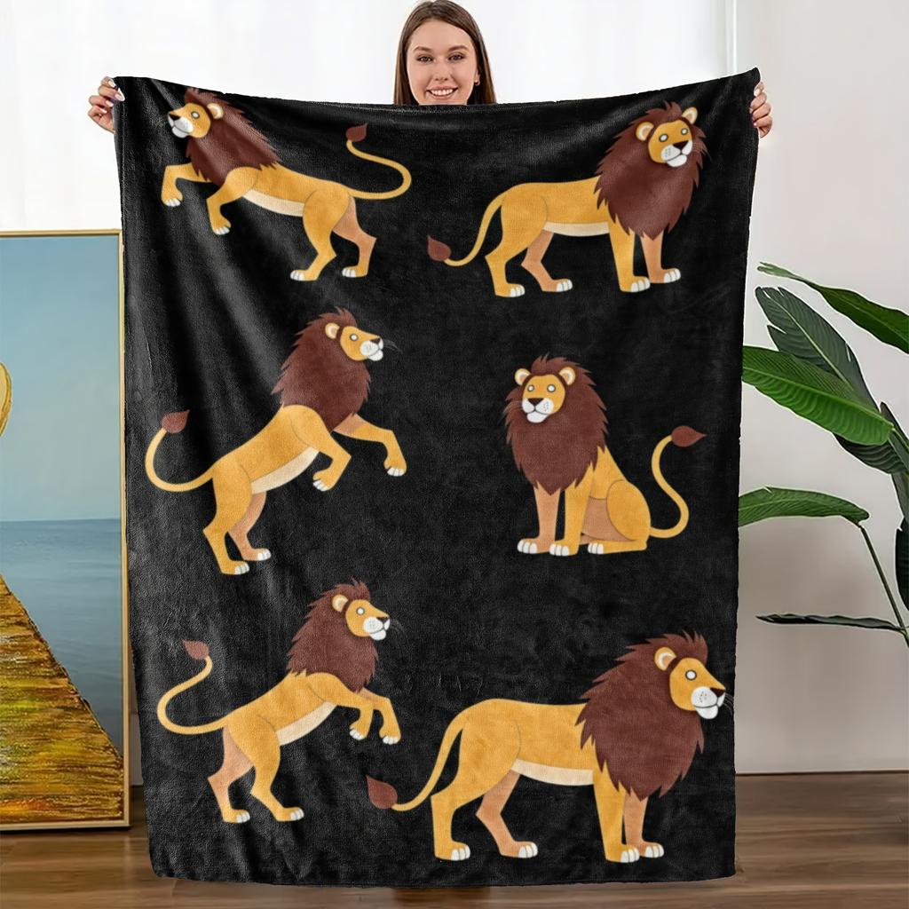 Eine bequeme Flanelldecke mit Cartoon-Löwen-Muster, weicher hochauflösender Digitaldruck, für alle Jahreszeiten geeignet, hergestellt