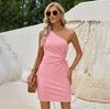Women Spring Solid Color Slanted Shoulder Sleeveless Slim Dress Summer Casual A-Line High Waist Strap Short Dresses S-XL