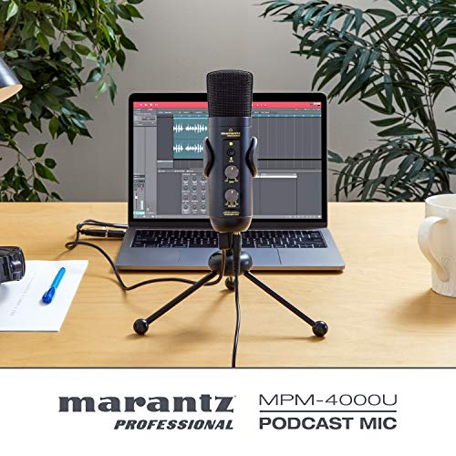 Marantz Professional USB Condenser Microphone, Unidirectional, for Streaming, with Mute Function, Volume Control, Headphone Output, Built-in Audio Int
