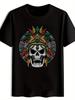 Black T-shirt with Vibrant Mexican-Inspired Skull & Feather Design - Casual Polyester Round Neck Tee for Summer