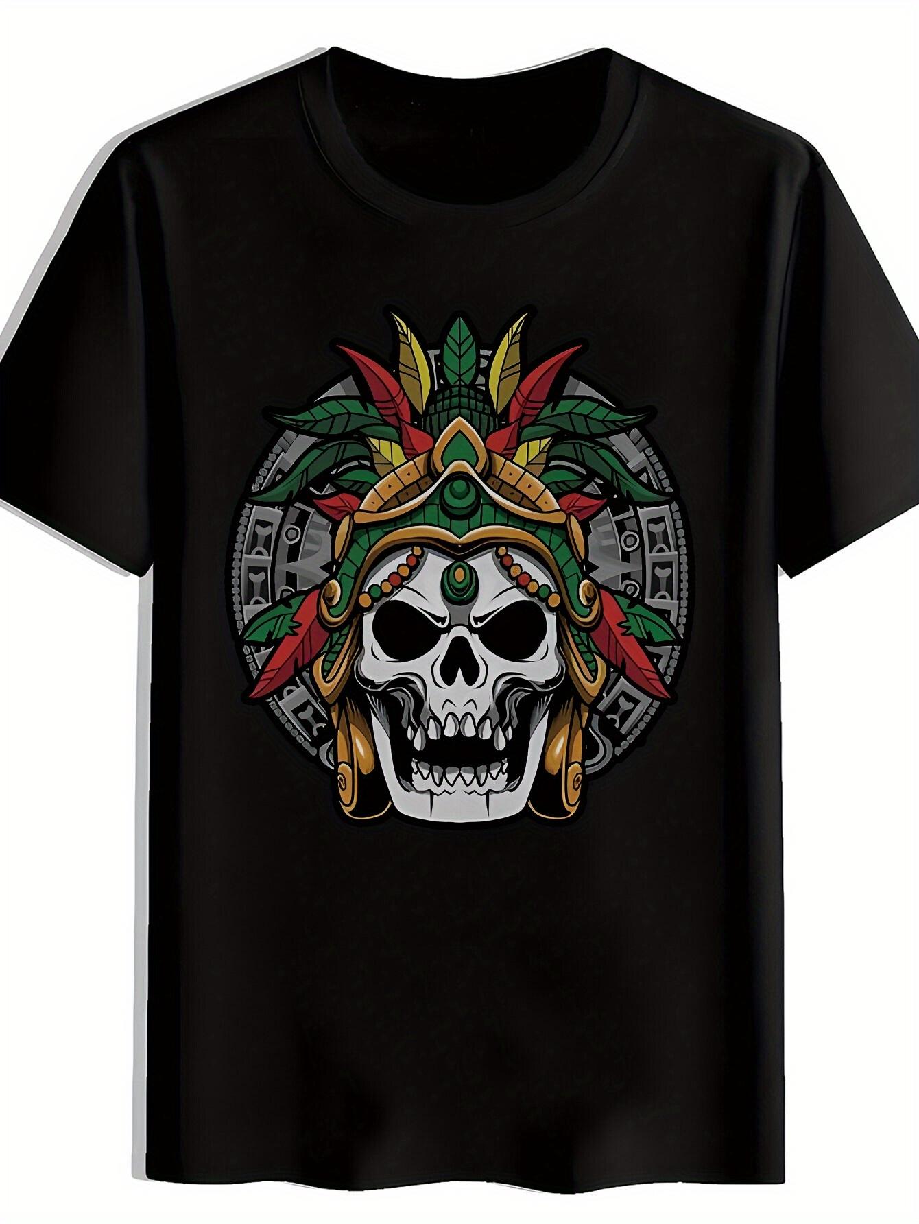 Black T-shirt with Vibrant Mexican-Inspired Skull & Feather Design - Casual Polyester Round Neck Tee for Summer XXL