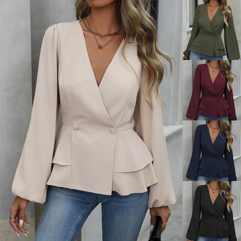 2025 European & American Autumn-Spring Women's French Lace Slimming Waist-Cinching Shirt