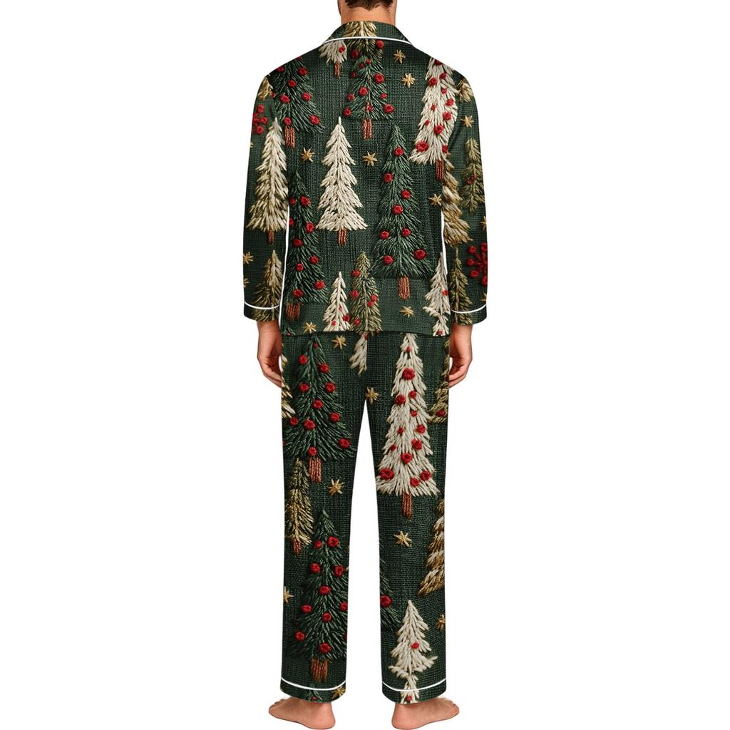 Herren-Pyjama-Set Langarm-Oberteil mit Knöpfen und Hose für Zuhause Nachtwäsche