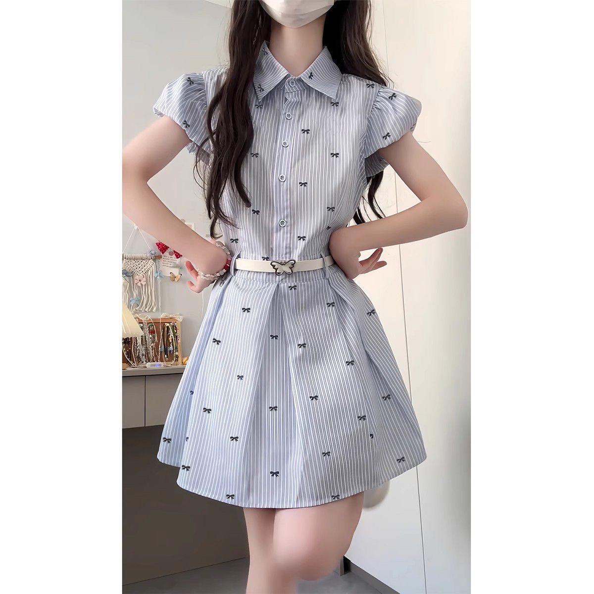 

2026 Spring Women s Petite Blue Striped Waist-Cinching Shirt - French & Korean Style S 80-95 lbs синий