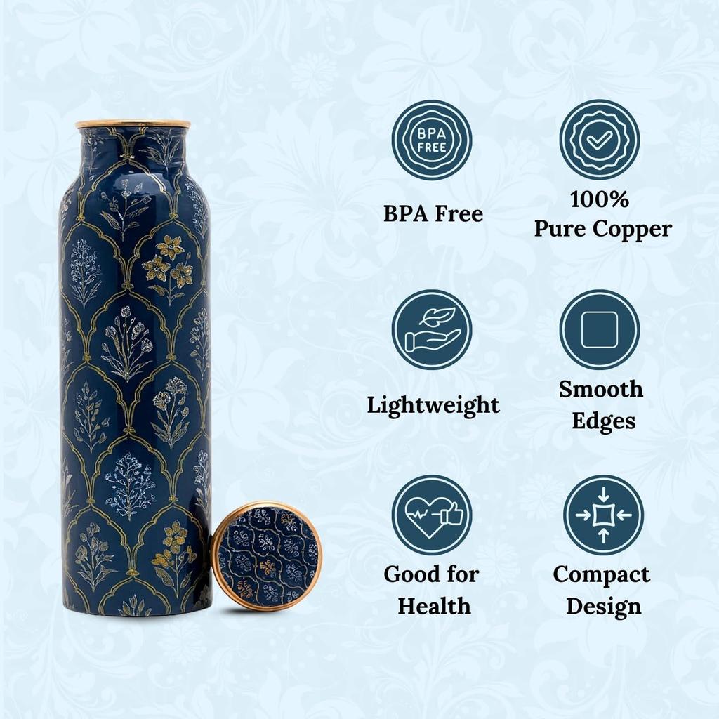 Pure Copper Water Bottle (1 Litre), Leakproof Protection, Pure Copper Water Bottle, Tamba, Yoga Health Benefits, Authentic, Durable (Blue Floral)