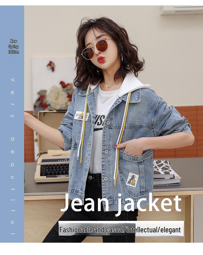 Trendy Women's Spliced Denim Jacket - Spring/Autumn 2025 Korean Loose Fit Short Hooded Style