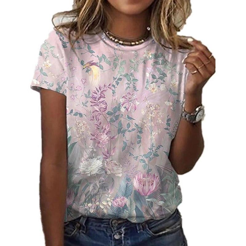 Blouse Woman Summer Fashion Ladies Round Neck Korean Clothing Casual Loose Floral 3D Printed Floral T-Shirts