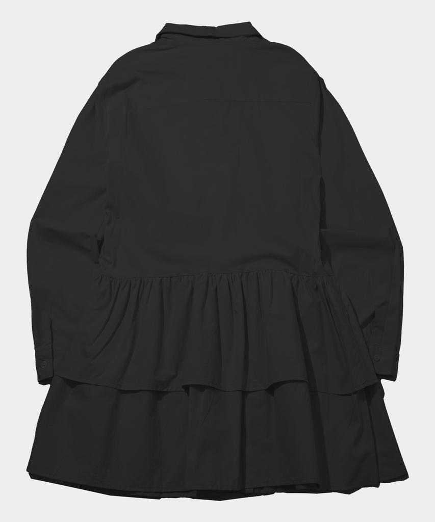 SOME PLACE 2-Tier Frill Strap Pocket Ribbon Point Round Collar Tiered Layered Midi Shirt Dress [Black]