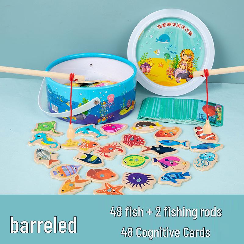 Kids' Magnetic Wooden Fishing Game - Cartoon Marine Life Educational Toy