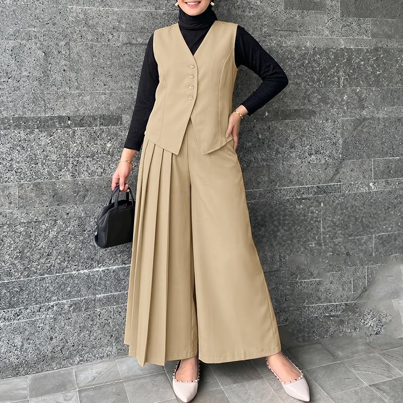 ZANZEA Top Gilet Senza Maniche da Donna e Pantaloni a Gamba Larga Set Casual Due Pezzi