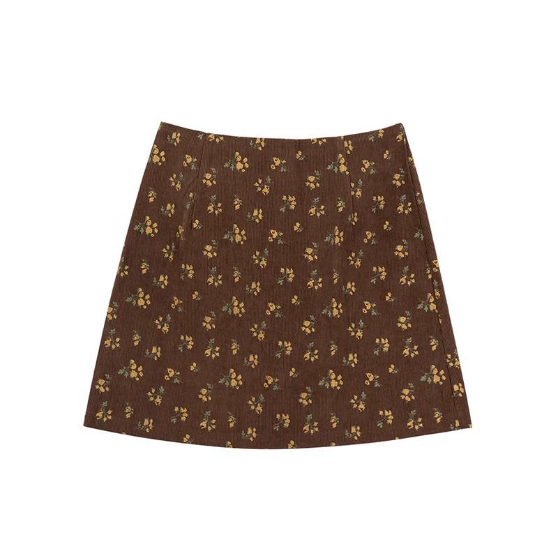 

Women s Apricot Floral Print Corduroy Midi Skirt - French Style, High Waist, A-Line, Bodycon, Autumn/Winter 4XL