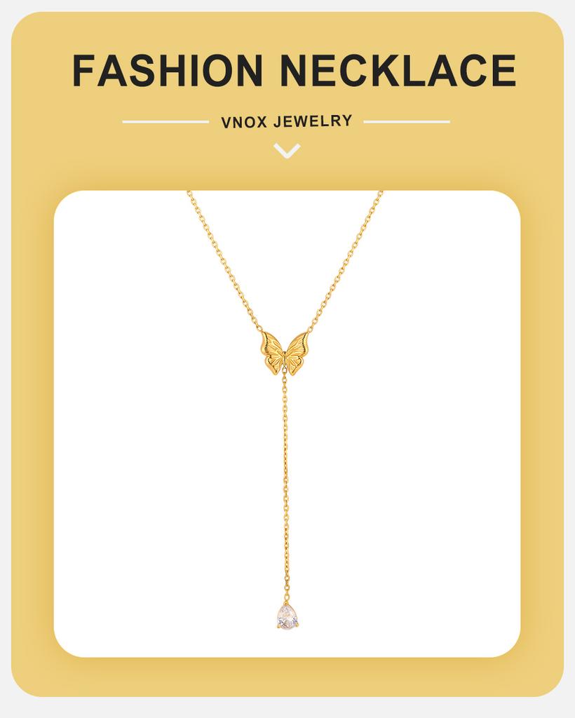 Vnox Minimalist Butterfly Teardrop Zirconia Y-shaped Necklace for Women Trendy Gold Plated Crystal Necklace Popular Jewlery