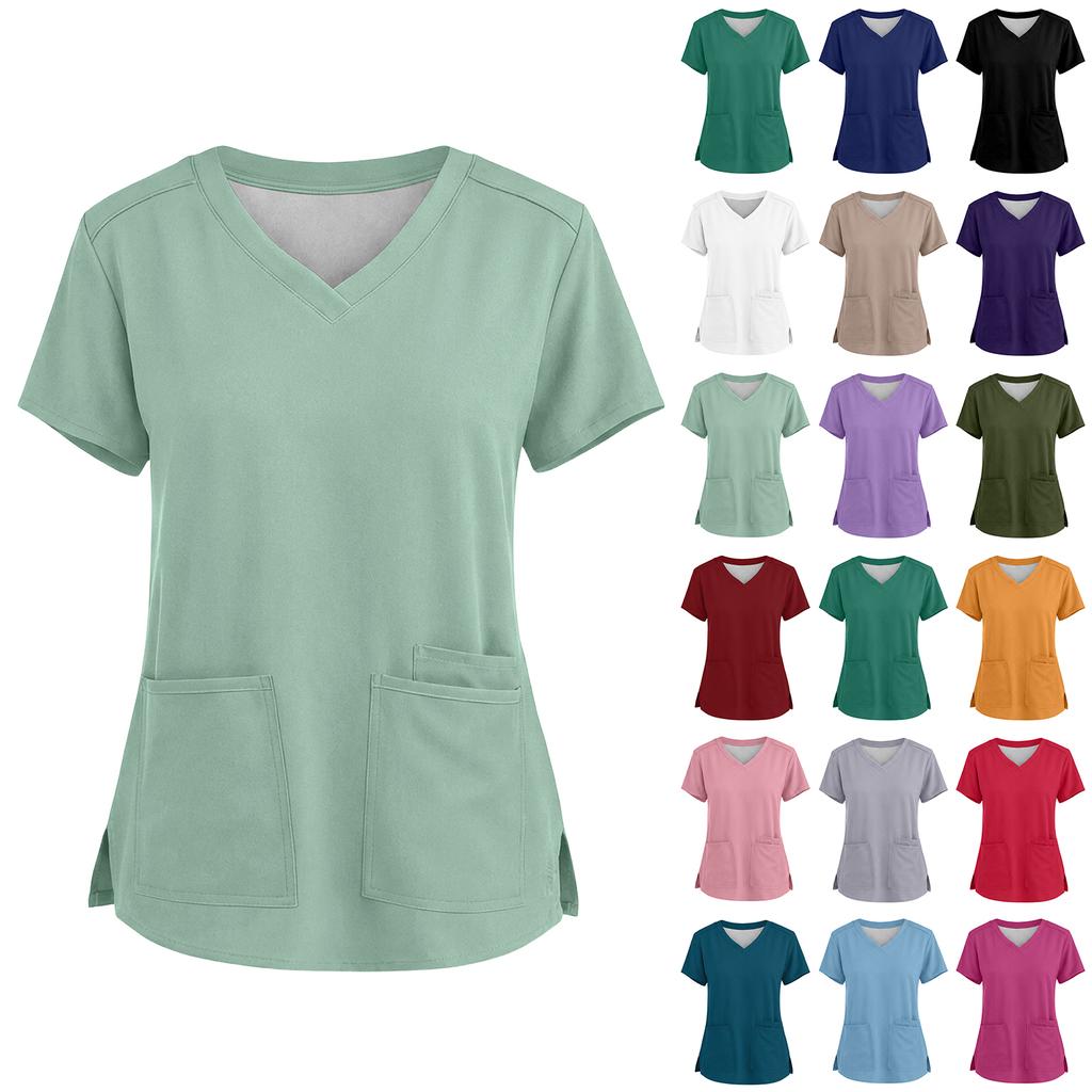 Camicetta da Lavoro alla Moda da Donna a Maniche Corte con Scollo a V, Vestibilità Larga, con Spacco e Tasche