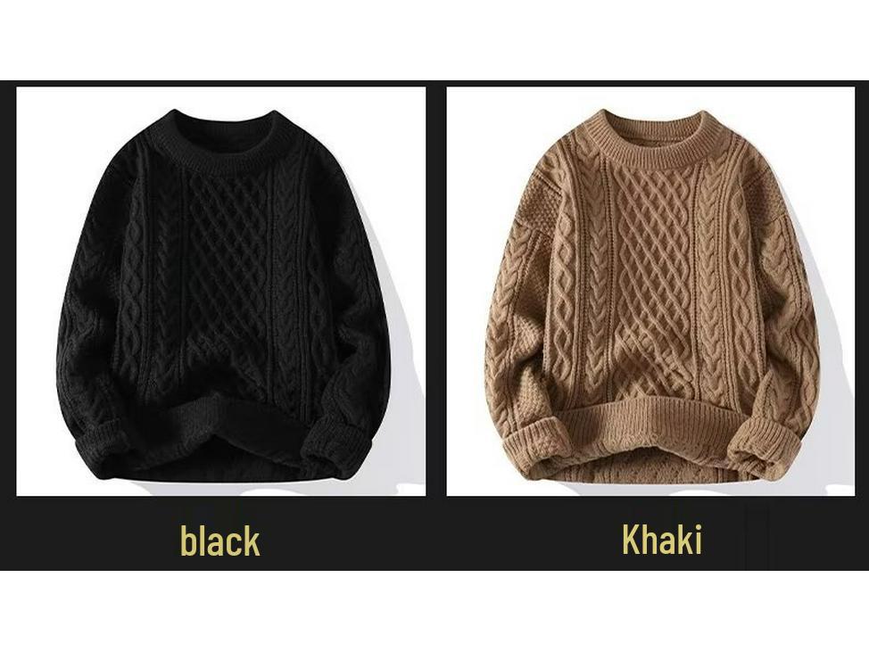 Men's Casual Winter Cable Knit Sweater - European & American Style, Solid Color, Round Neck Pullover